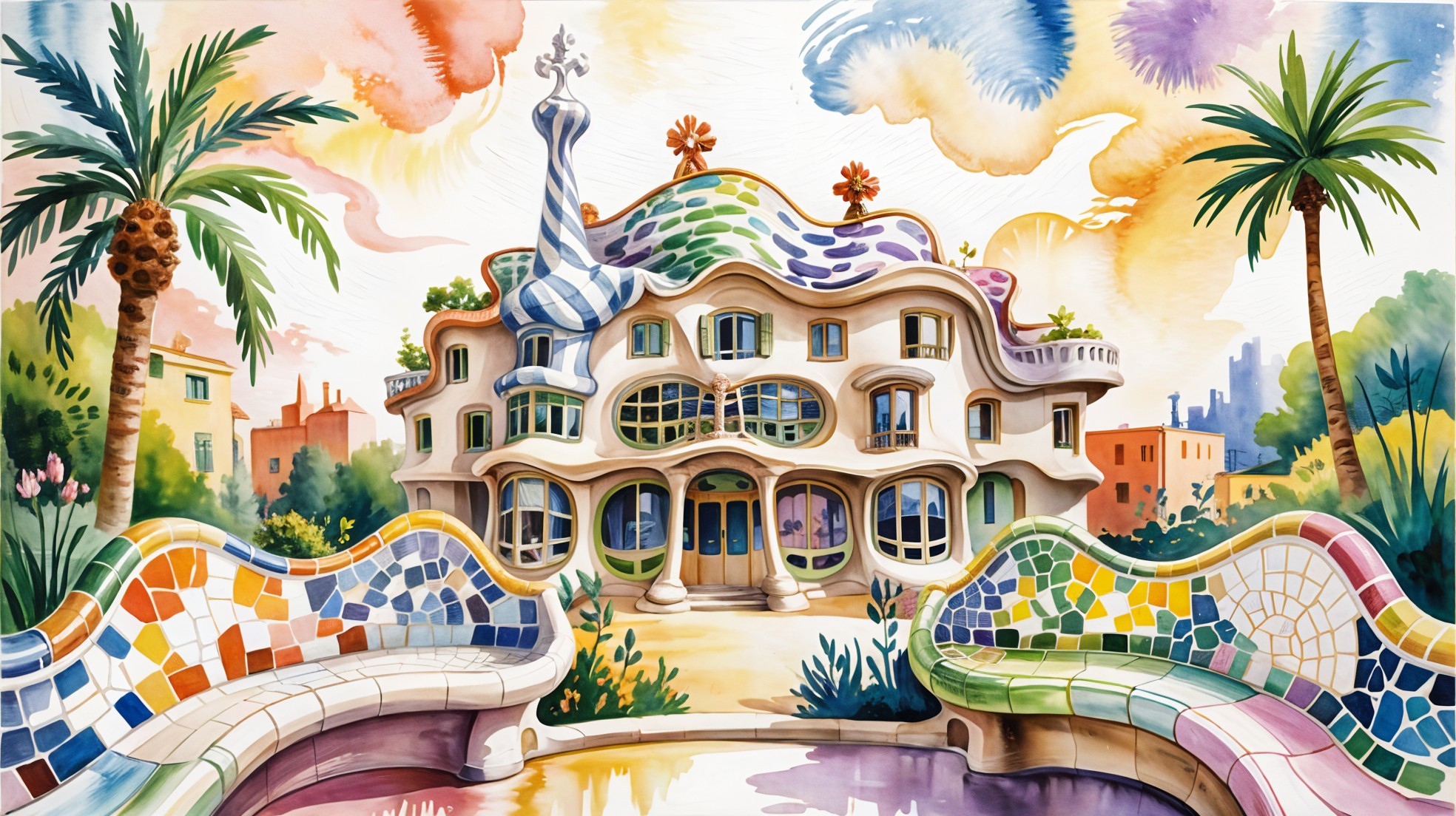Vibrant Whimsical Architectural Illustration with Nature