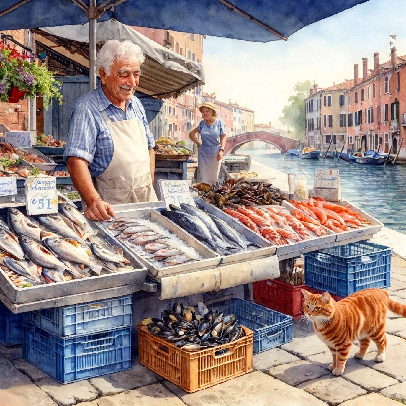 Fish Market Scene by Serene Canal with Fresh Seafood
