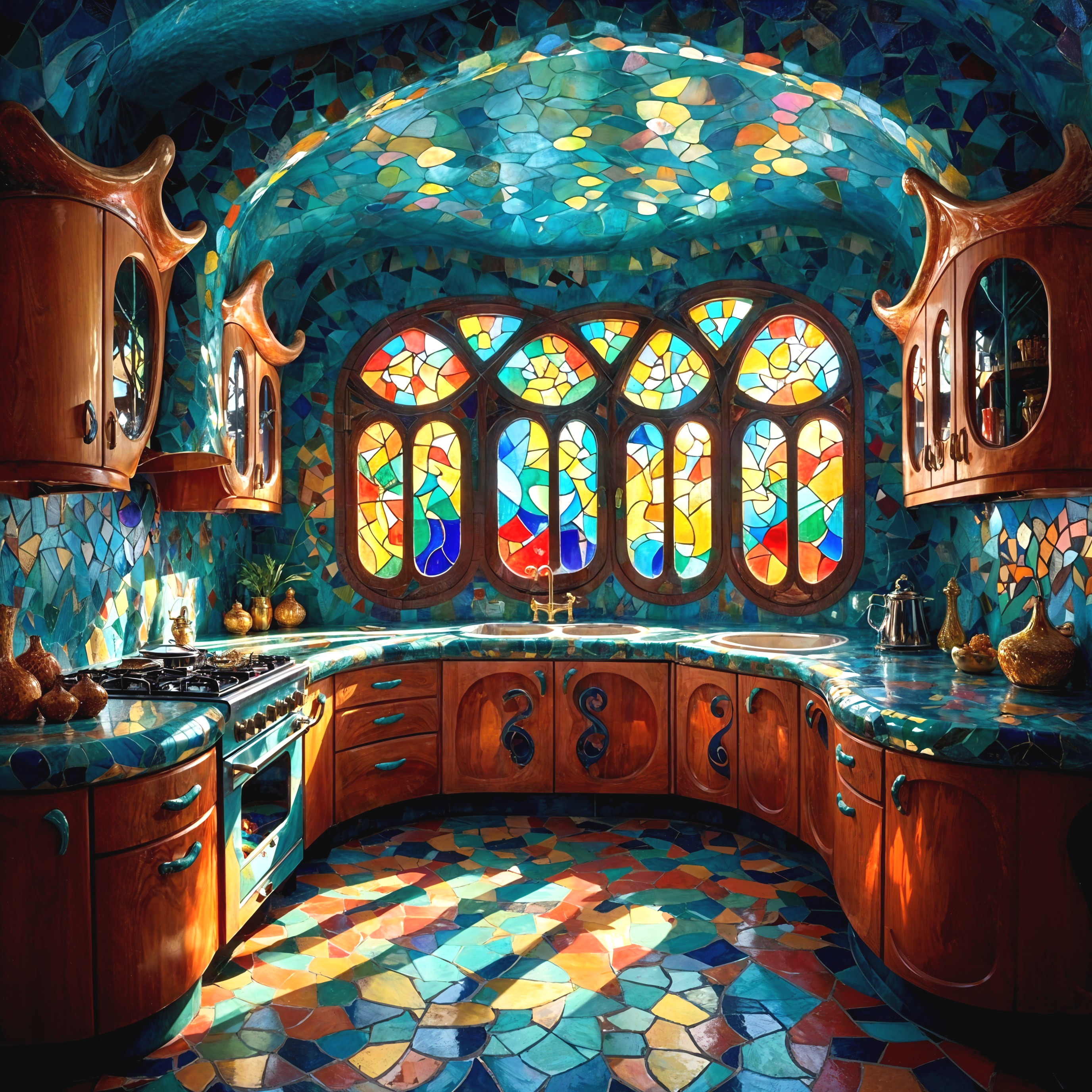 Vibrant Kitchen with Mosaic Tiles and Stained-Glass Windows