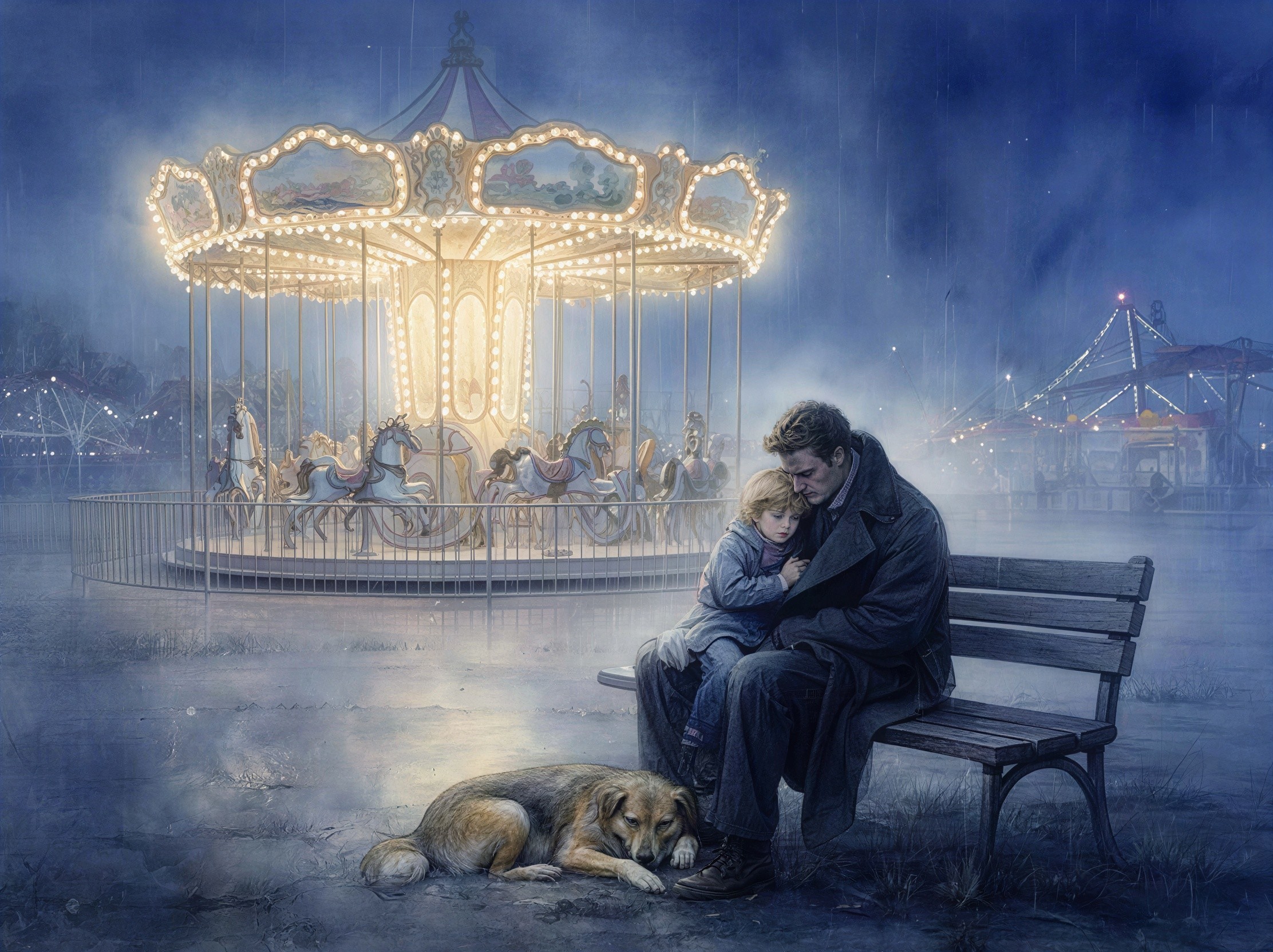 Moody Painting of Father and Child in Rainy Park