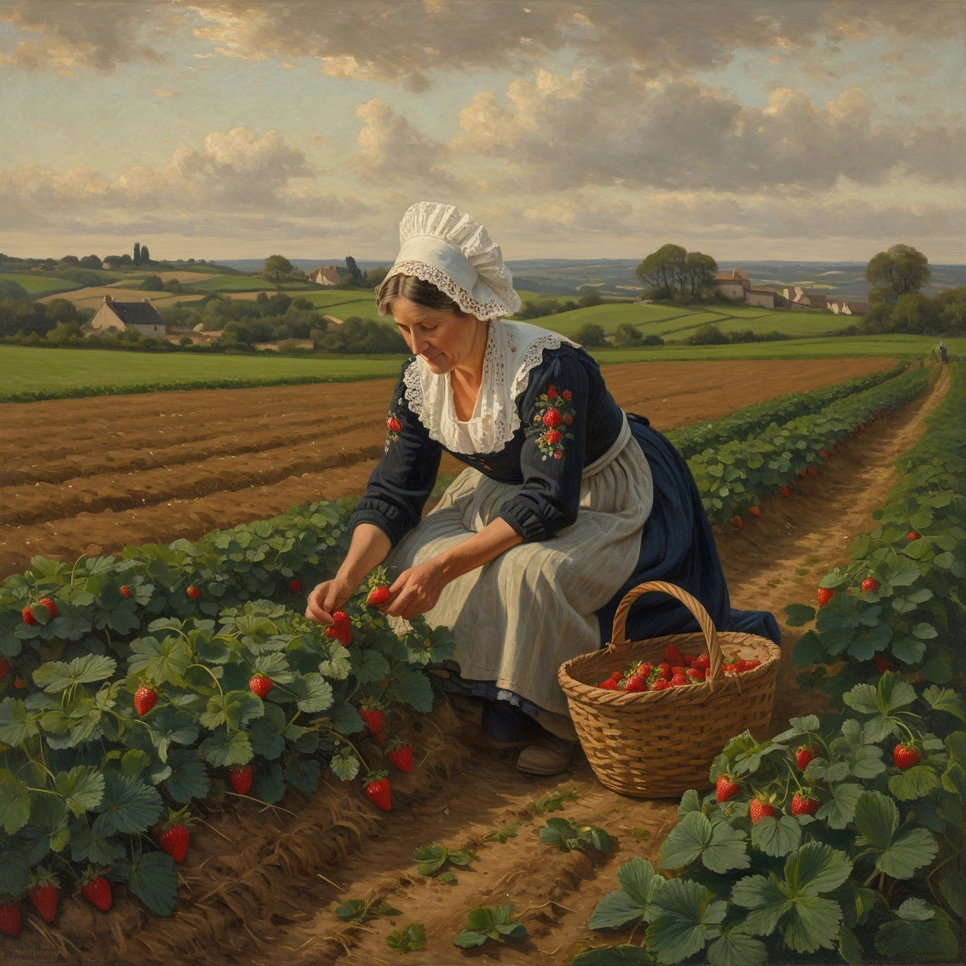 Woman in Traditional Dress Harvesting Strawberries