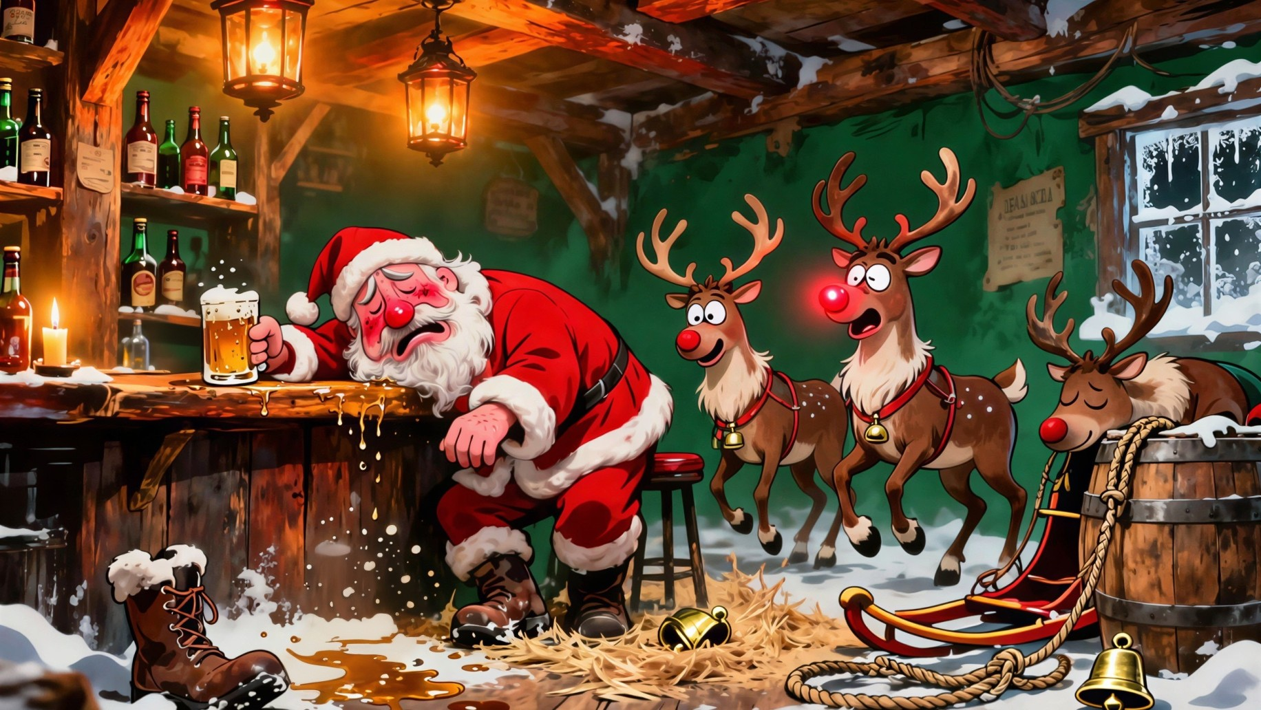 Santa Claus Asleep at a Rustic Bar with Reindeer