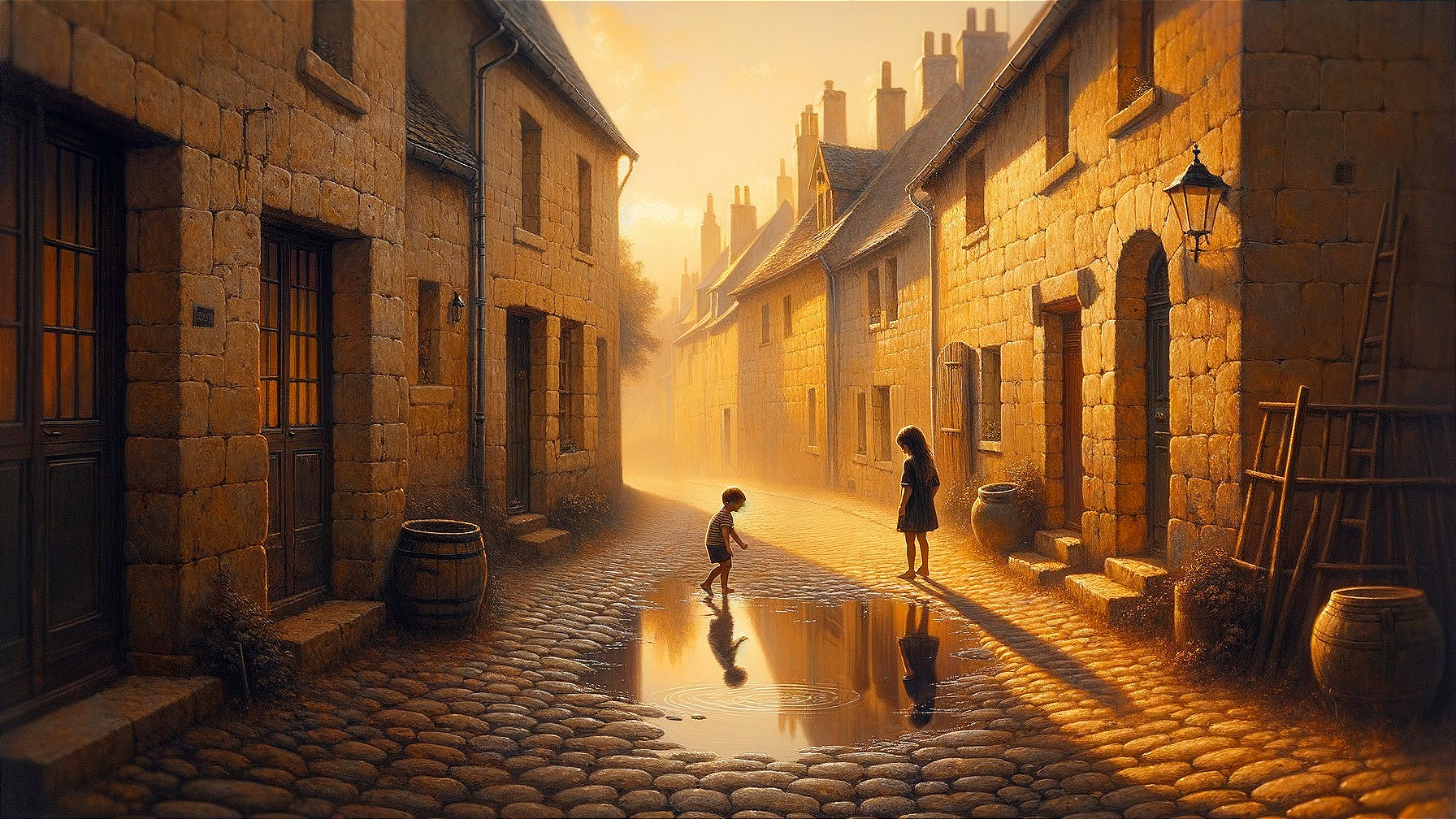 Serene Cobblestone Street at Sunset with Silhouettes
