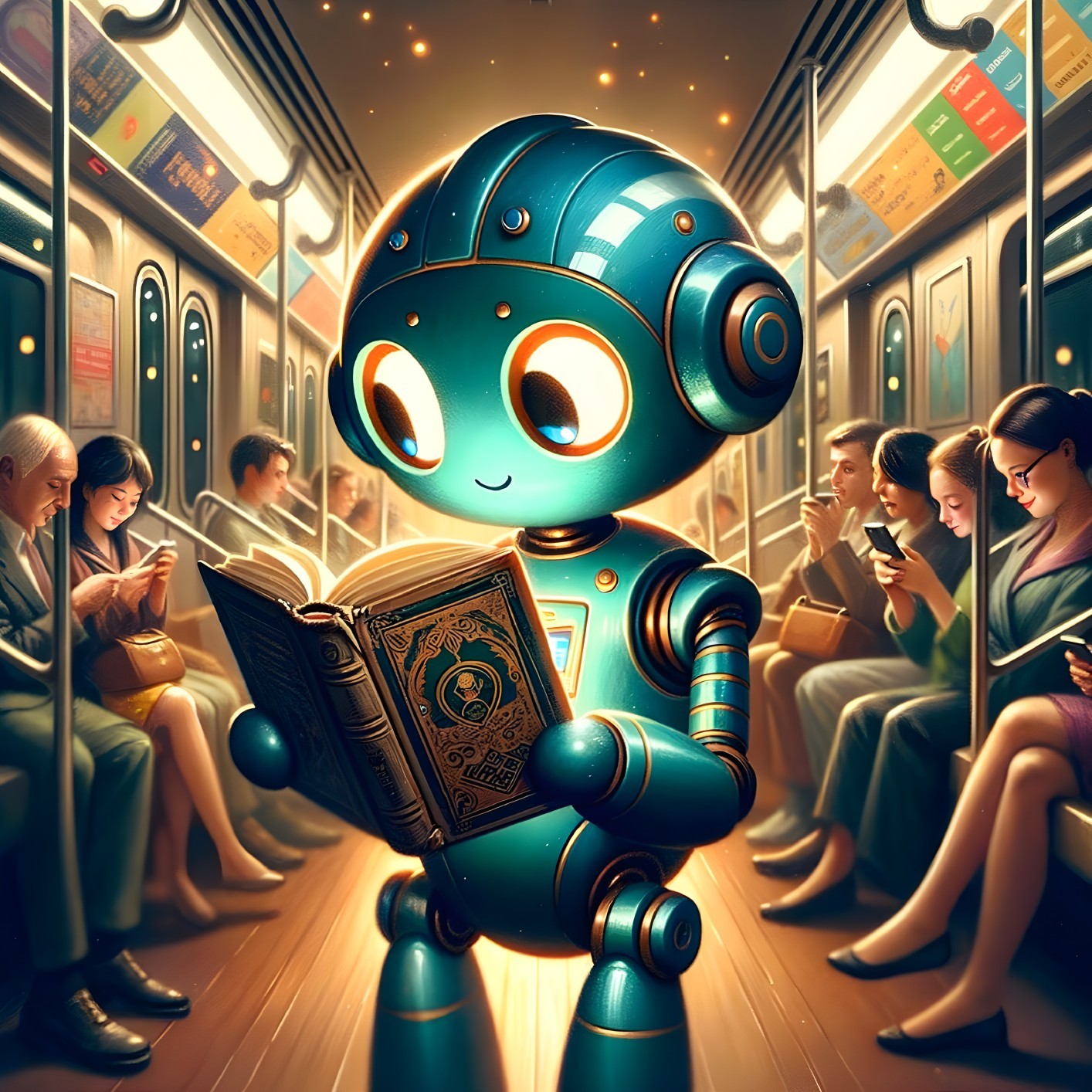 Cartoon Robot Reading in Busy Subway Train Setting