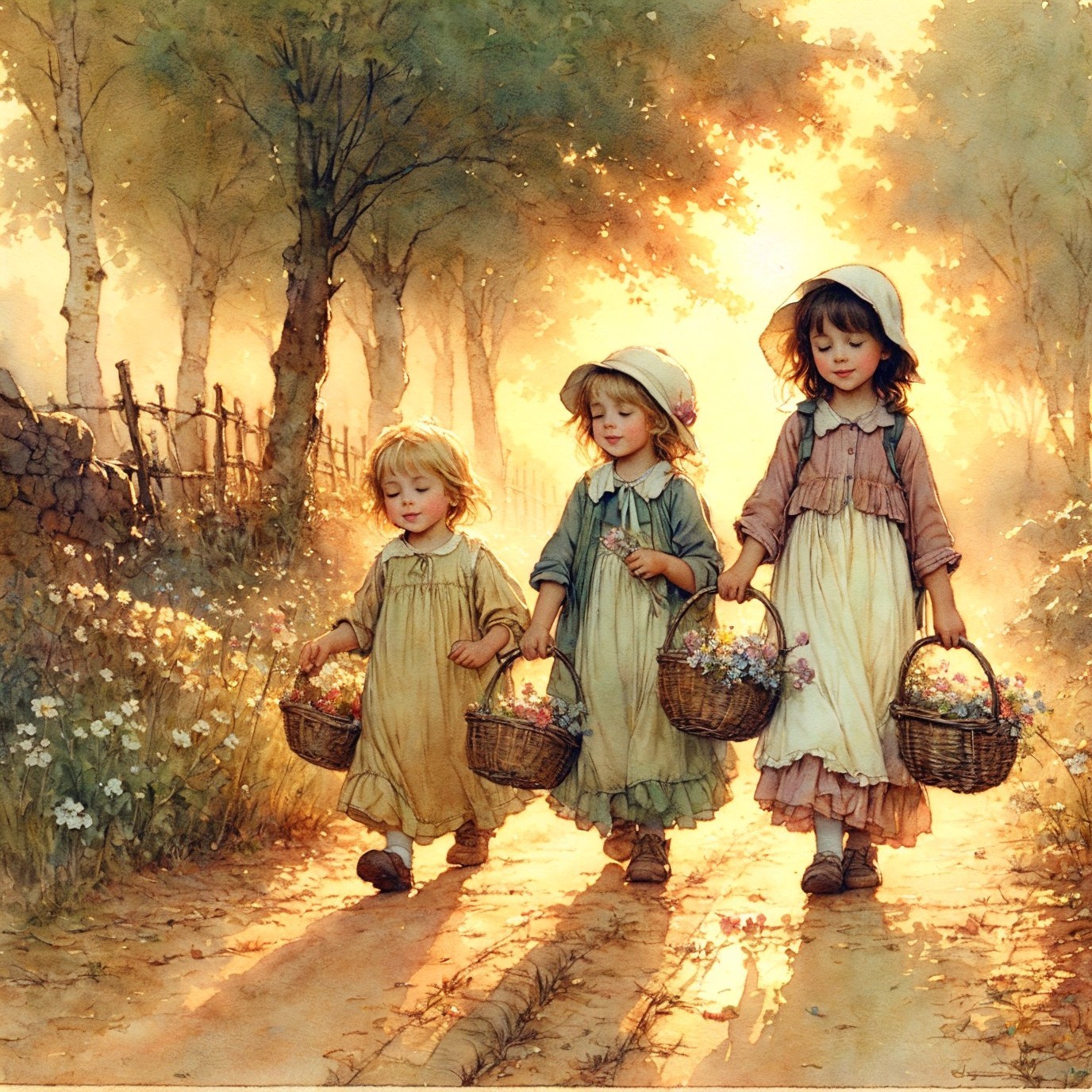 Children with Baskets of Flowers on a Sunlit Path
