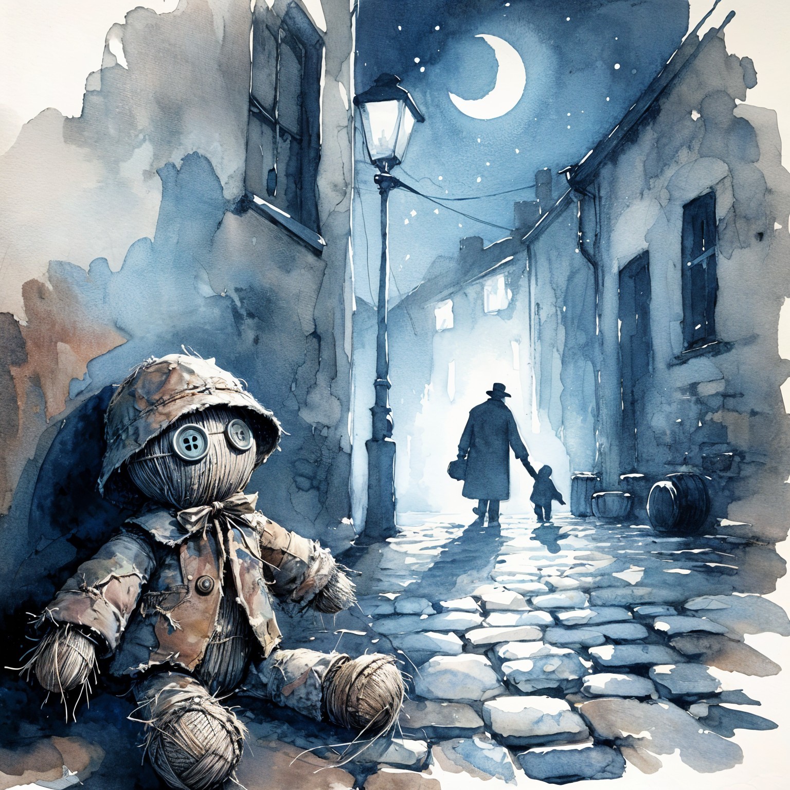 Whimsical Watercolor of Nighttime Cobblestone Alley