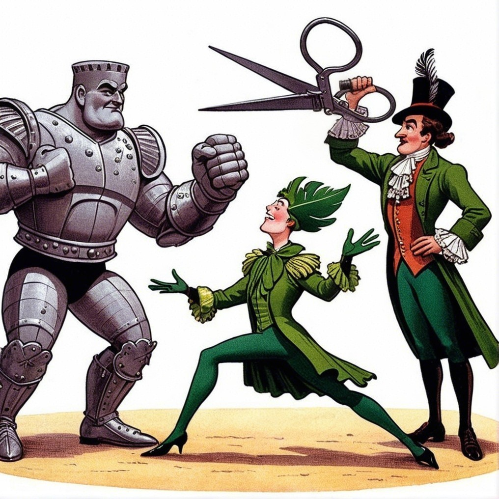 Whimsical Scene with Muscular Robot and Colorful Characters