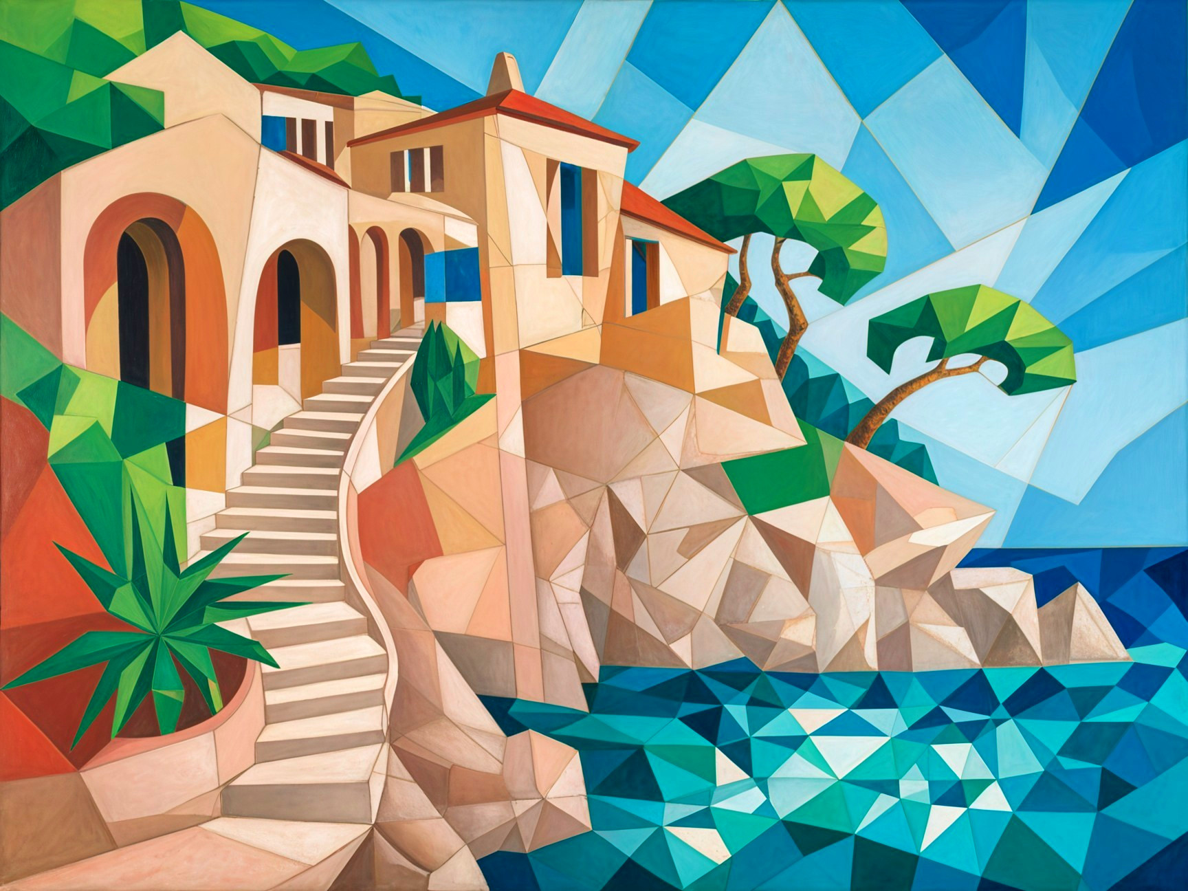 Geometric Painting of Coastal House and Shimmering Sea