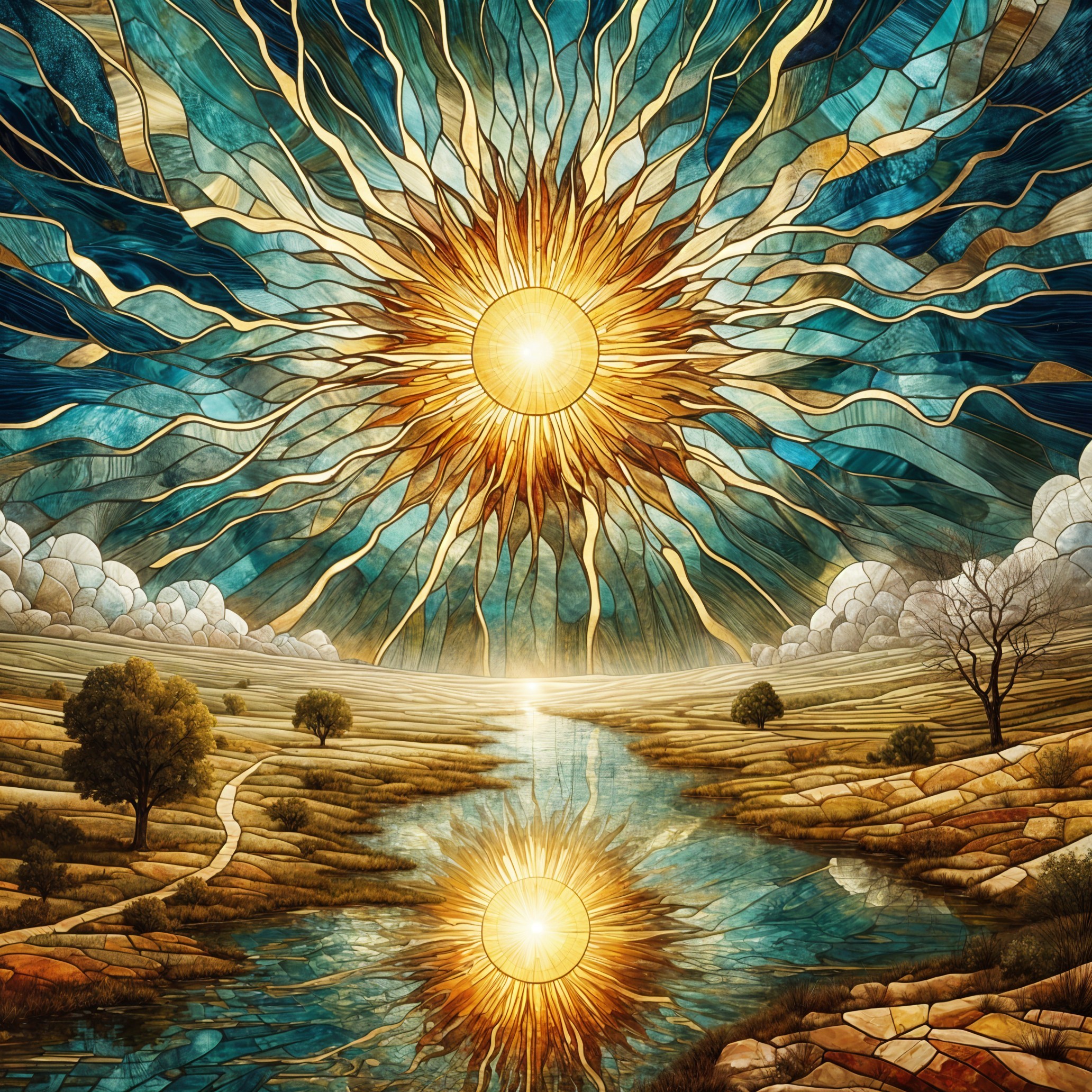 Vibrant landscape with sun, river, hills, and tree