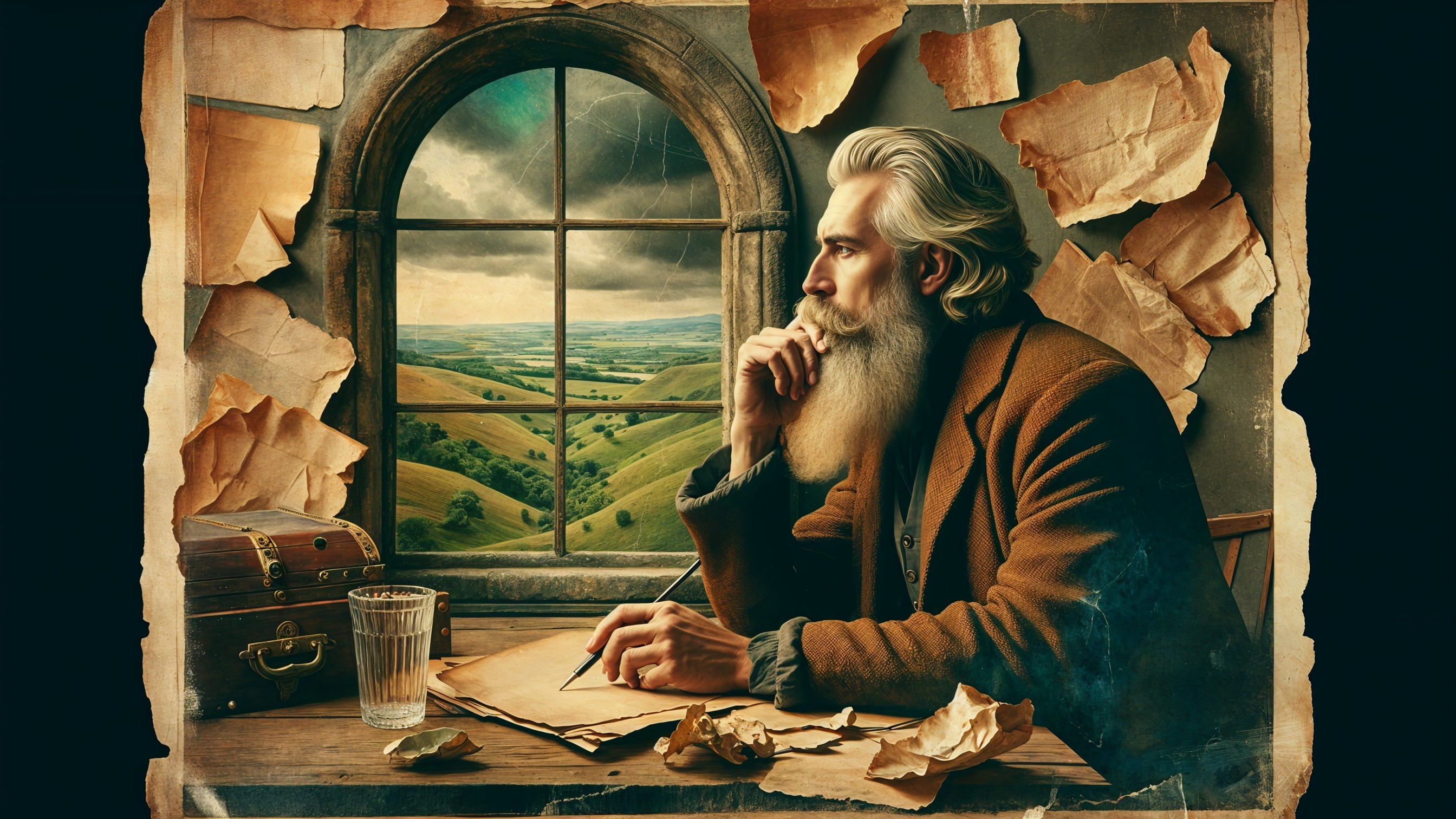 Man with White Beard at Table by Window with Landscape