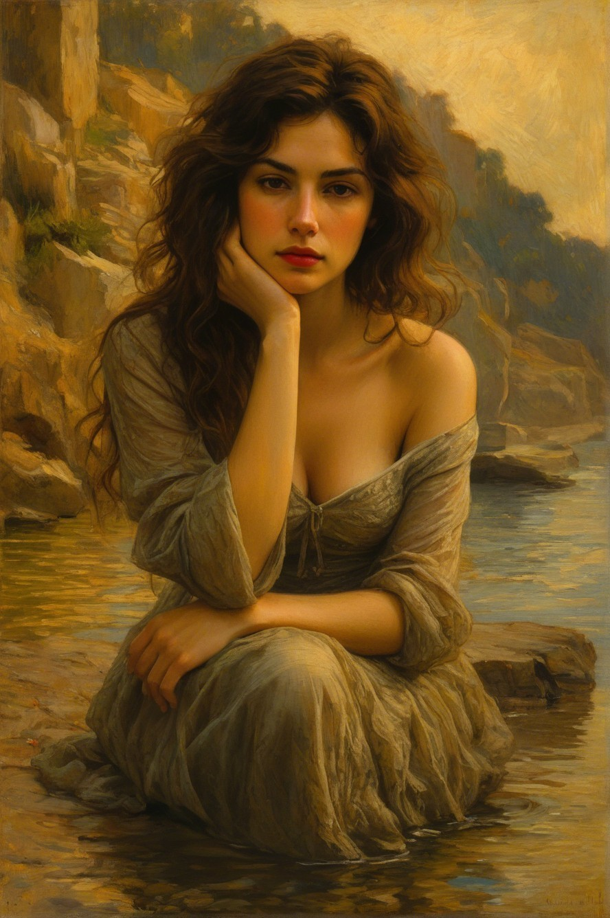 Young woman in off-shoulder dress by tranquil water