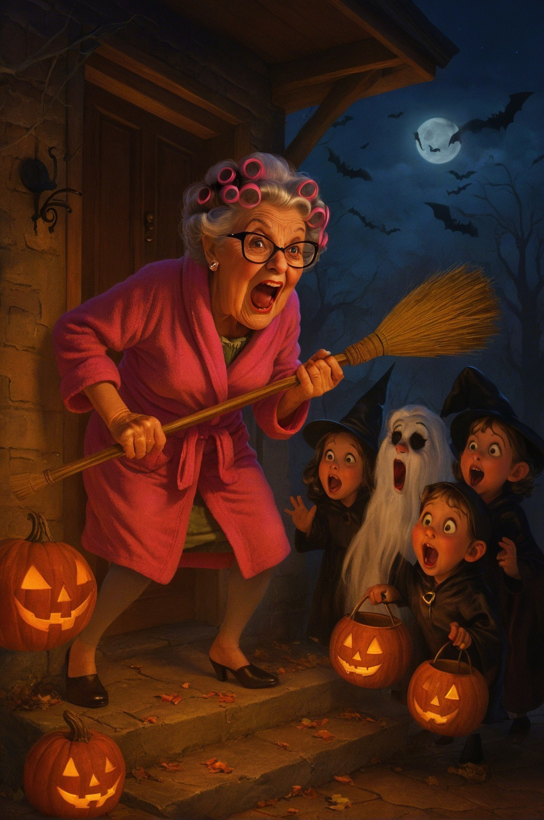Elderly Woman in Pink Robe on Halloween Night