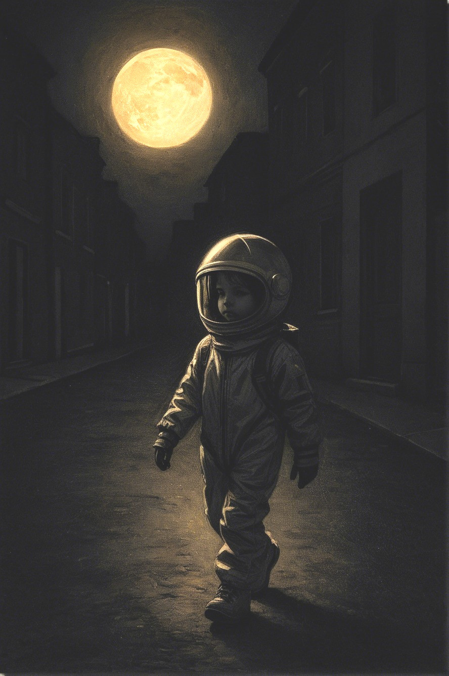 Child in Astronaut Suit on Moonlit Street Scene