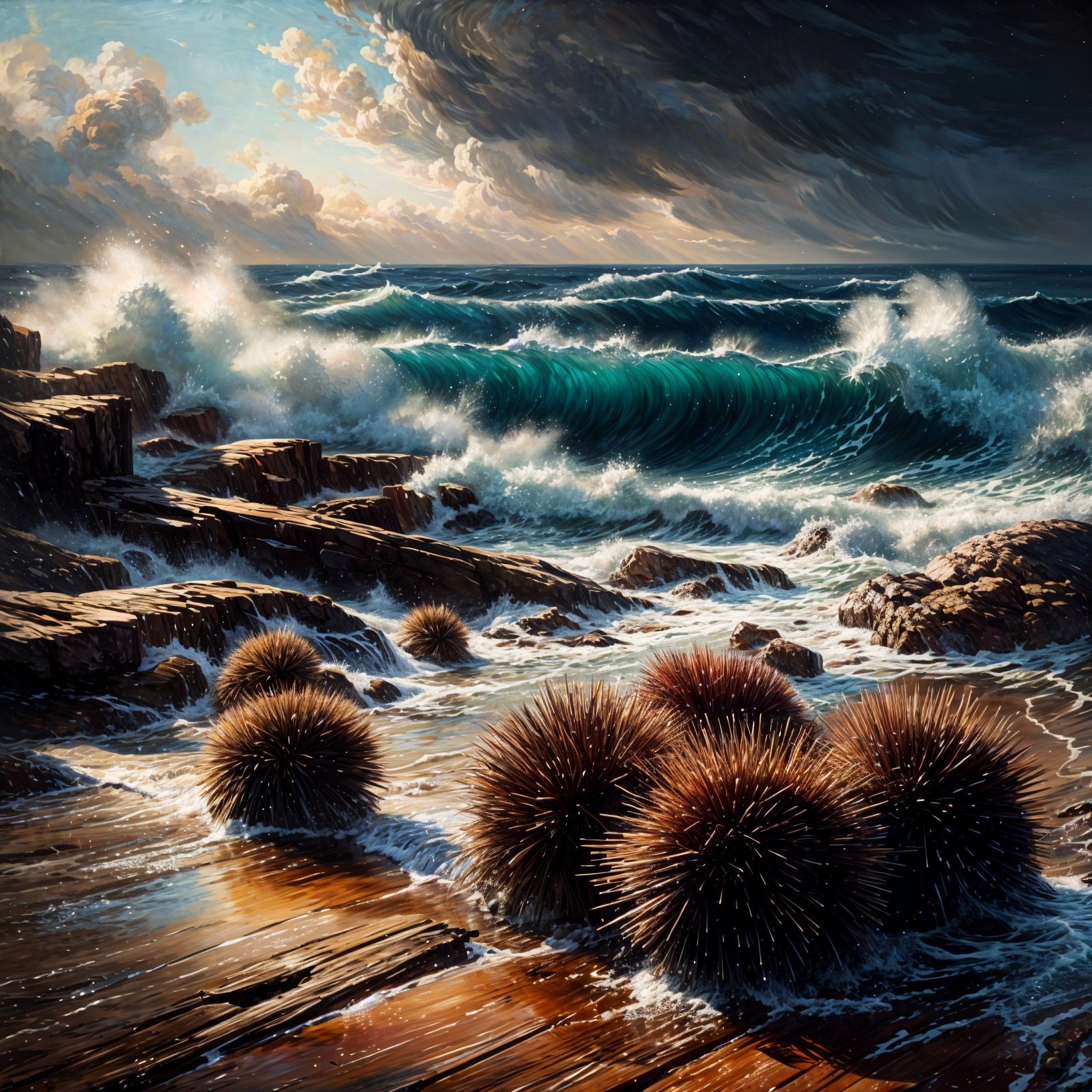 Dramatic Coastal Scene with Waves and Sea Urchins