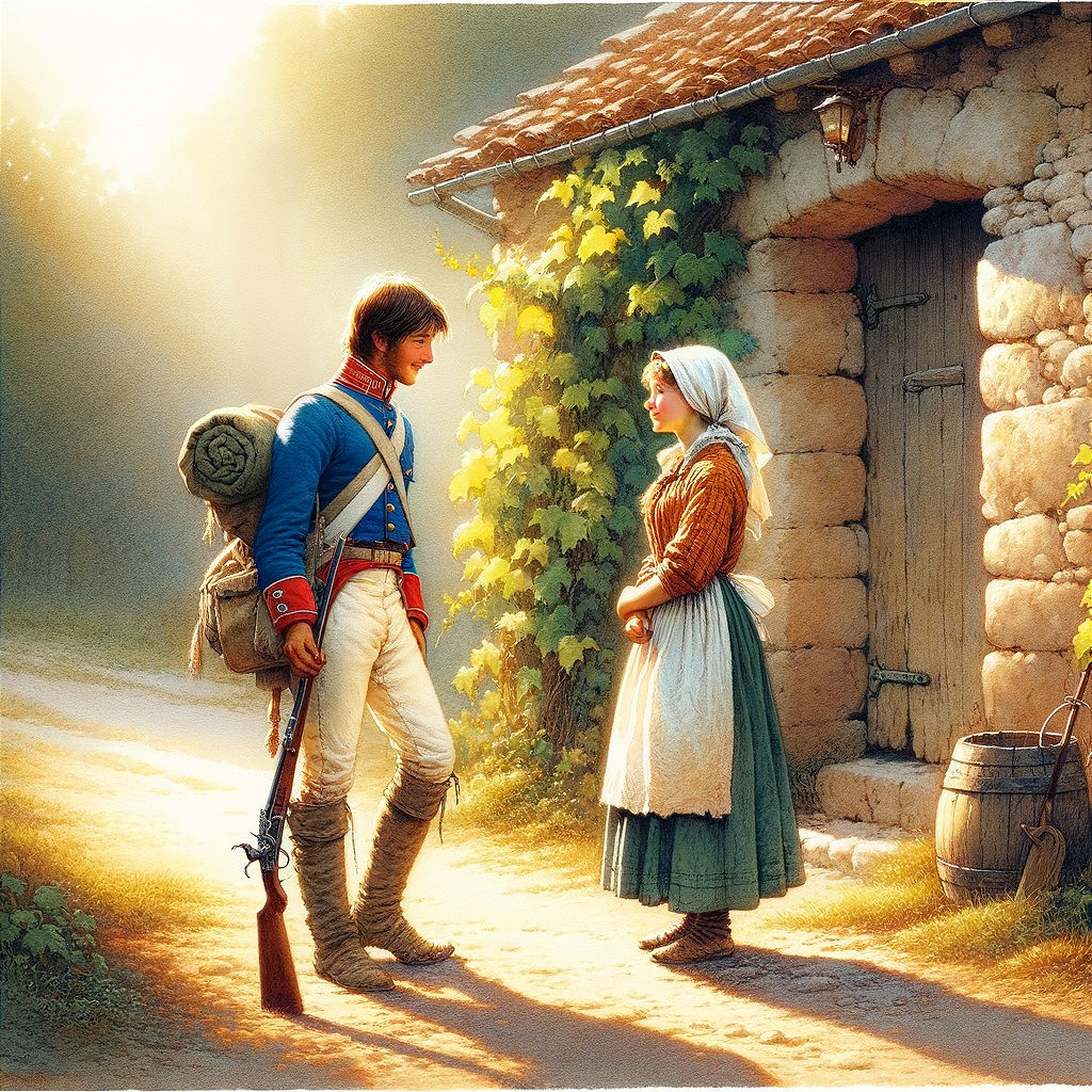 Soldier and Woman in Sunlit Village Scene