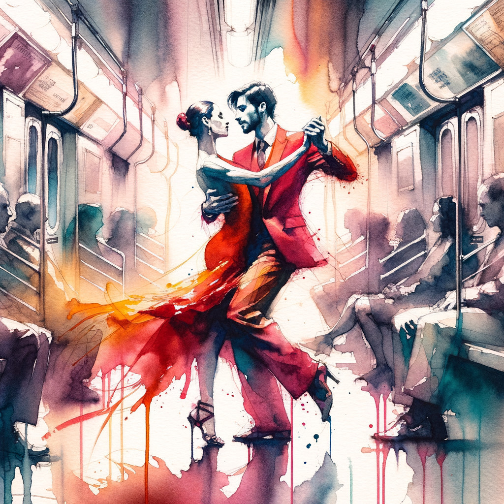 Couple Dancing in a Subway Car Watercolor Scene