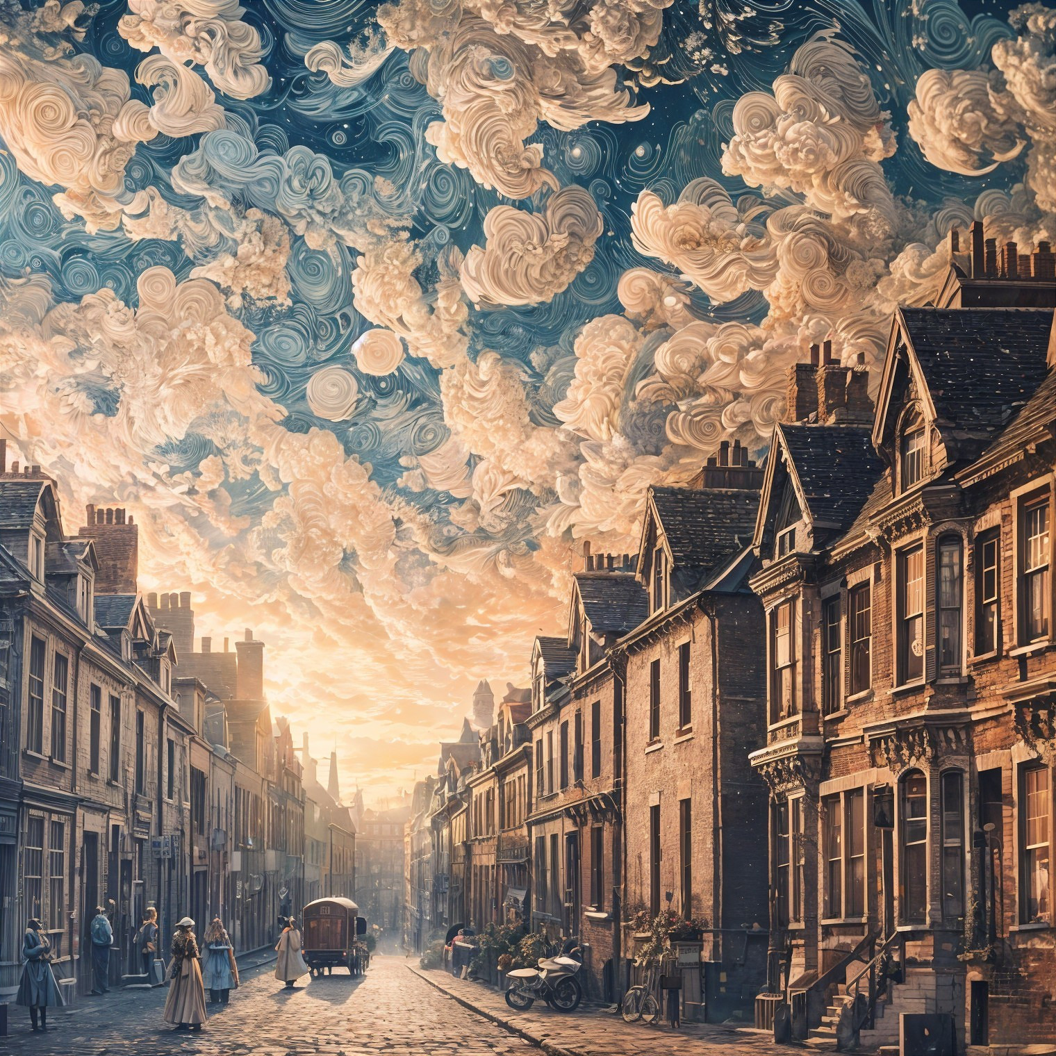 Victorian Street Scene with Vintage Vehicles and Attire