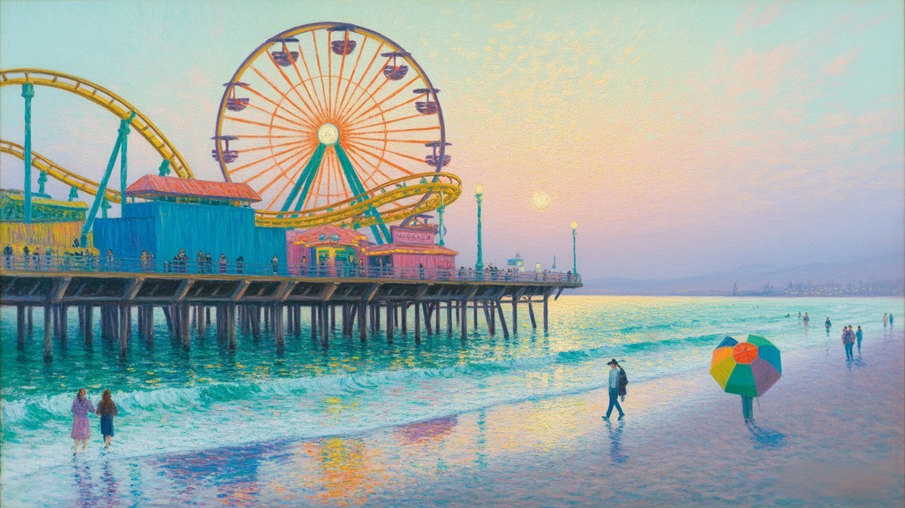 Vibrant Sunset Over Lively Beach Scene with Ferris Wheel