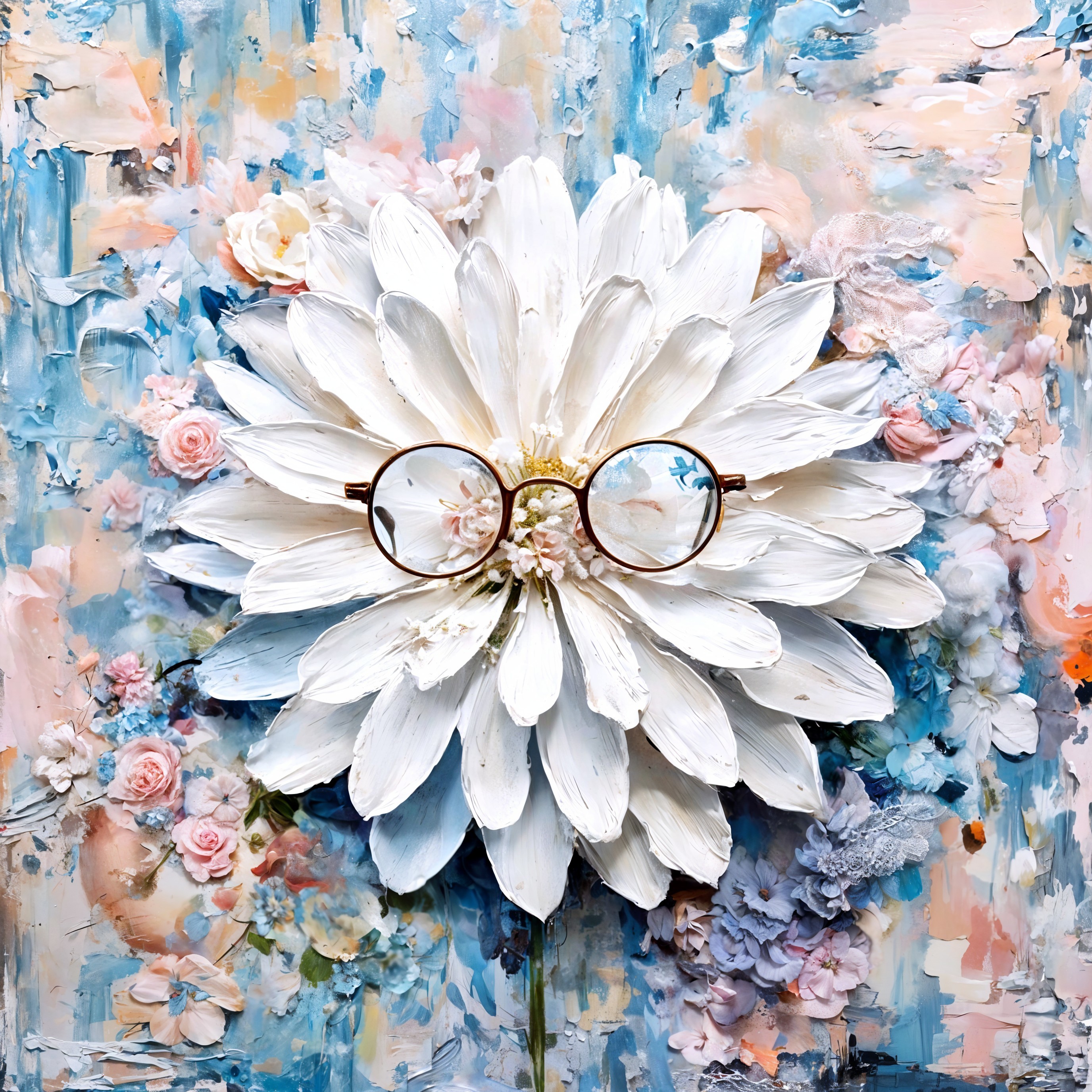 Textured White Flower with Glasses in Abstract Background