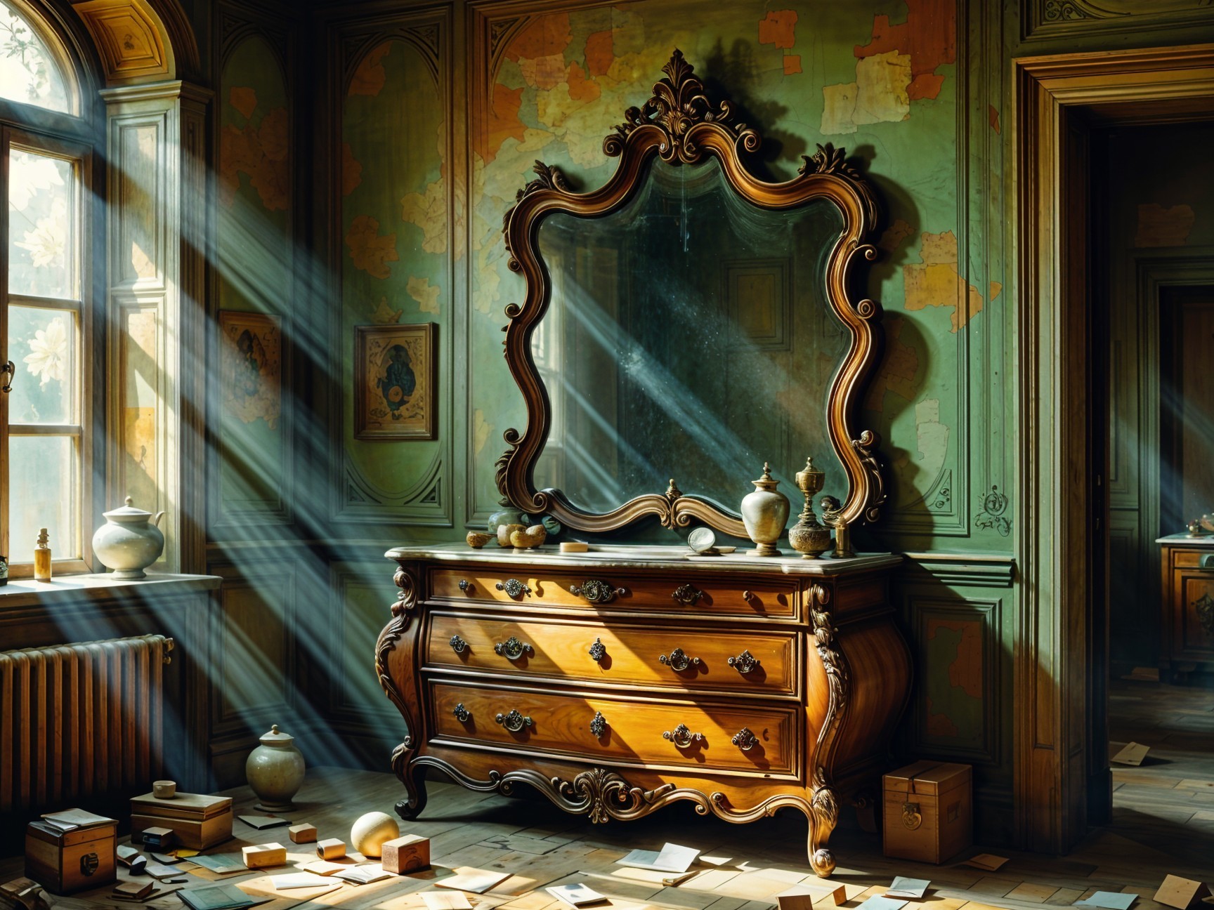 Elegant wooden dresser with ornate detailing and mirror