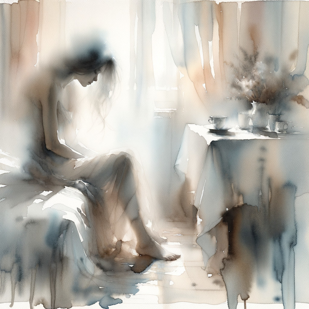 Watercolor Painting of a Woman in Serene Setting