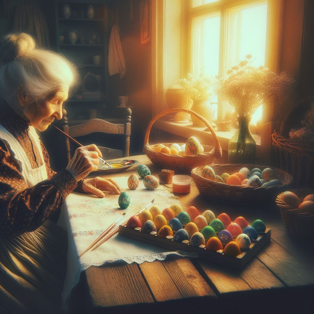 Elderly woman painting Easter eggs at wooden table