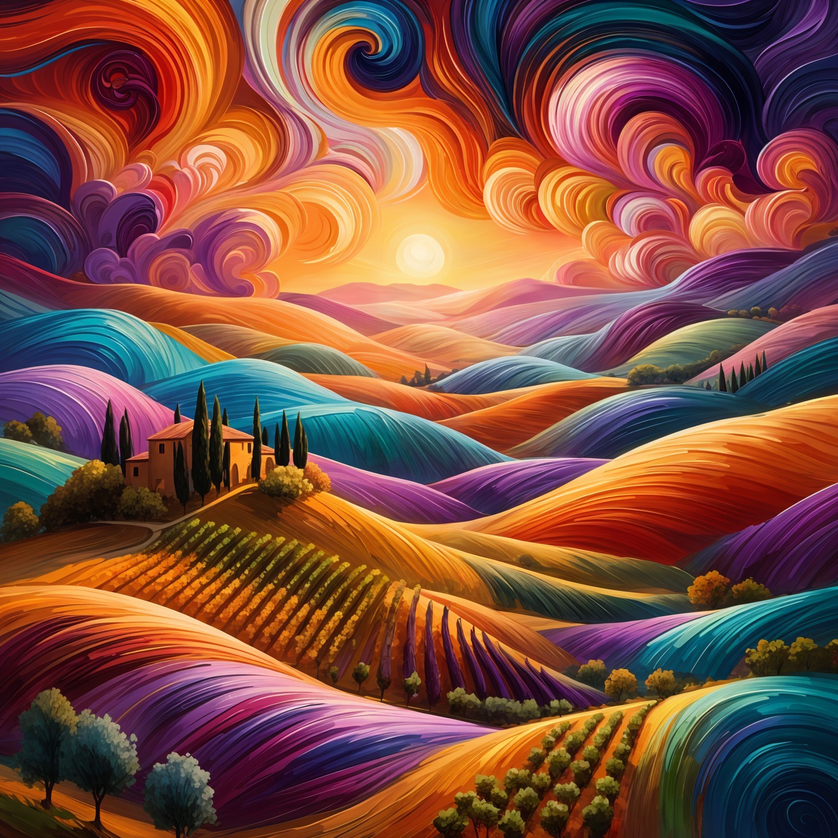 Vibrant Landscape with Rolling Hills and Farmhouse