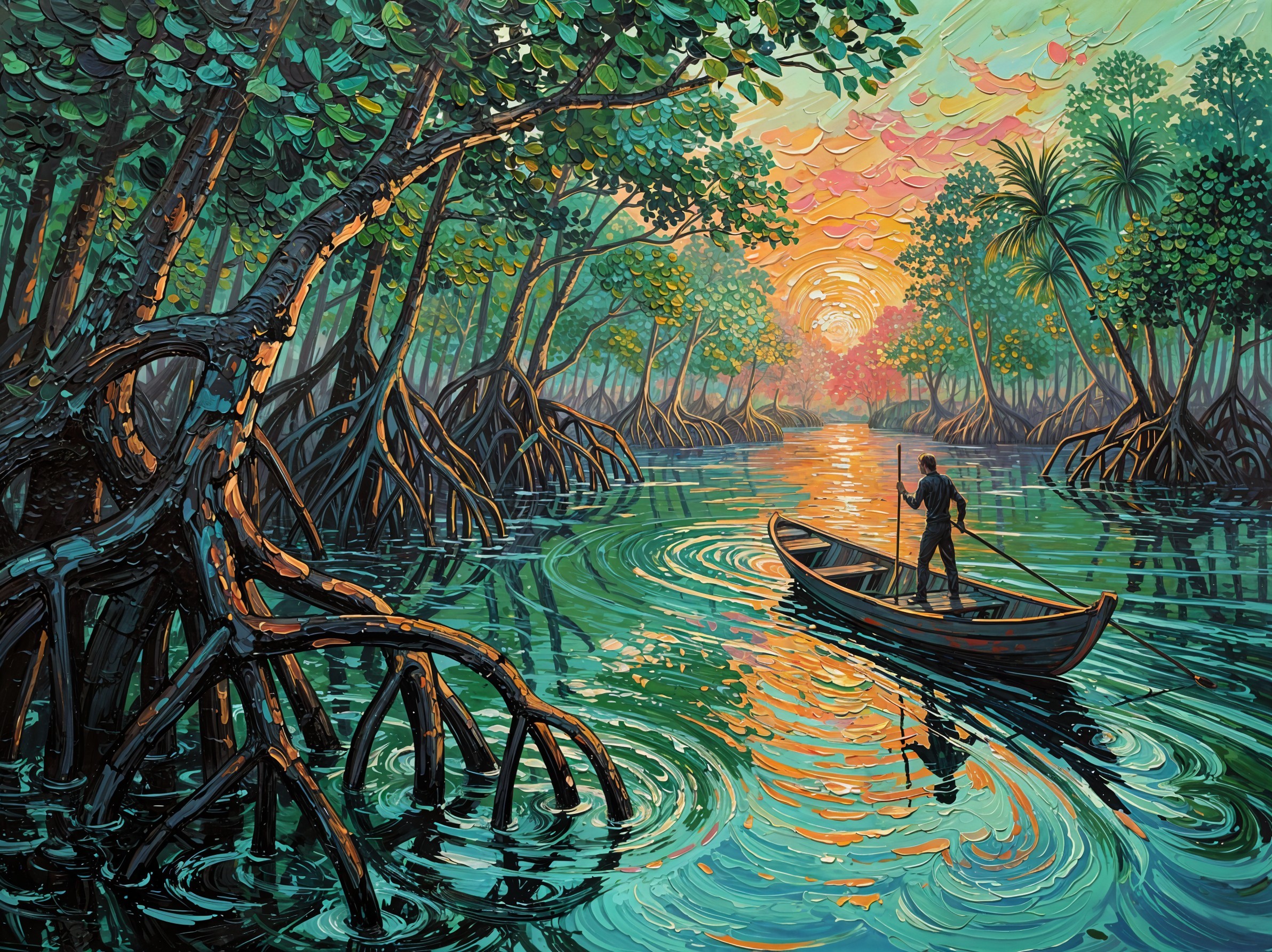 Oil Painting of a Man in a Boat at Sunrise in Mangroves