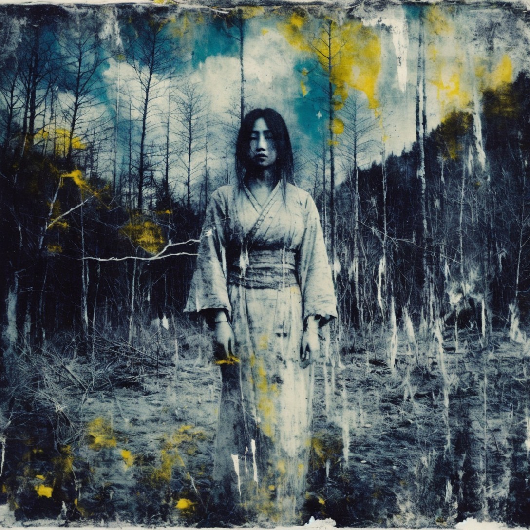 Woman in Kimono in Barren Forest with Eerie Atmosphere