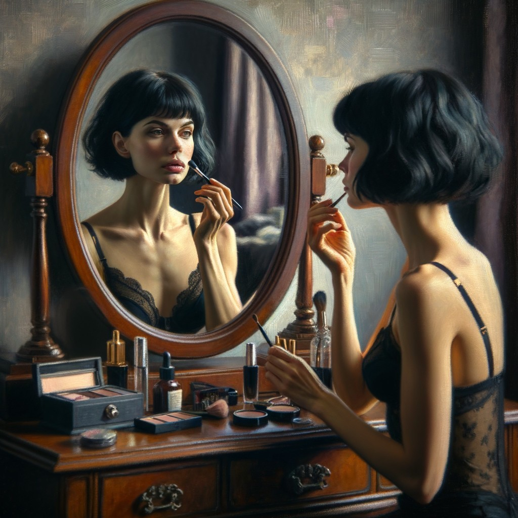 Woman Applying Lipstick at Vintage Vanity Table