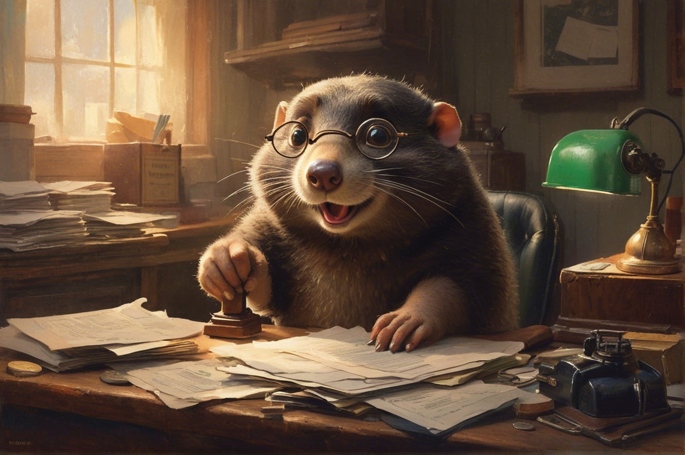 Anthropomorphic creature at a cluttered desk scene