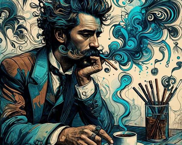 Contemplative Man with Coffee and Artistic Surroundings