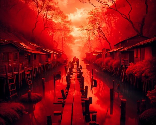 Misty River Landscape with Wooden Walkway and Shadows
