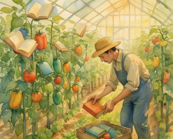 Colorful Bell Peppers and Books in a Greenhouse