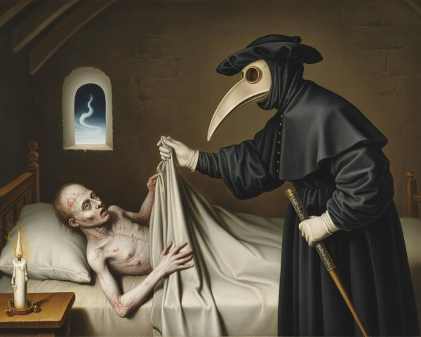 Dark Atmospheric Scene with Cloaked Figure and Illness