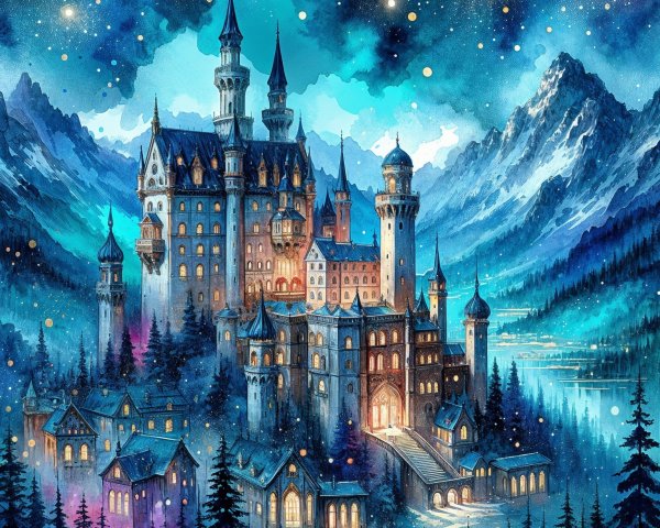 Majestic Fantasy Castle in Snowy Mountain Landscape