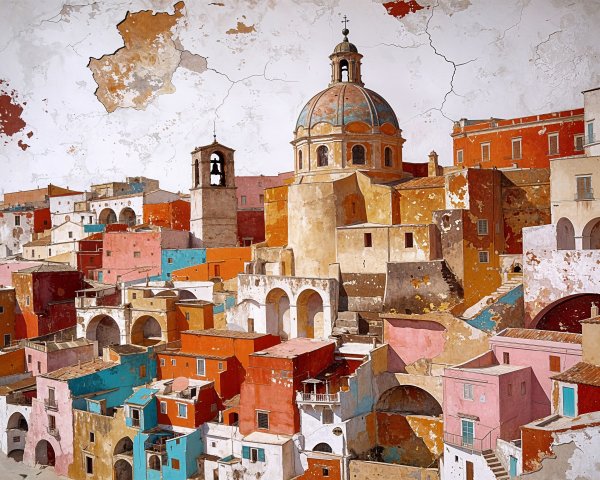 Colorful Cliffside Town with Dome-Shaped Church