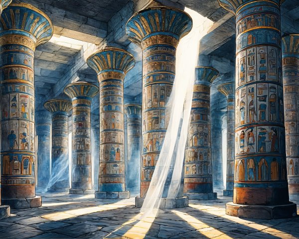 Ancient temple with decorated columns and hieroglyphics