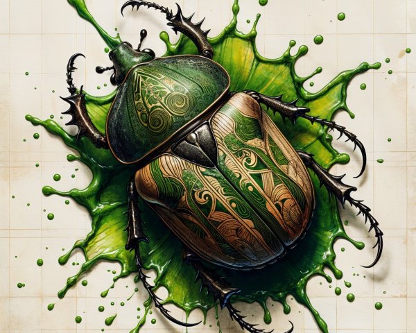 Detailed Beetle with Ornate Shell Against Green Background