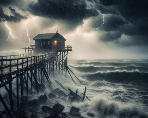Dramatic Seascape of Pier in Stormy Waters