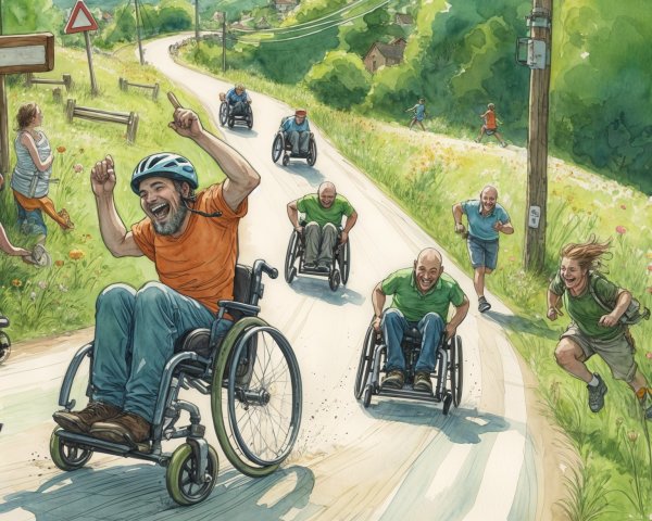 Colorful Illustration of Wheelchair Racing and Camaraderie