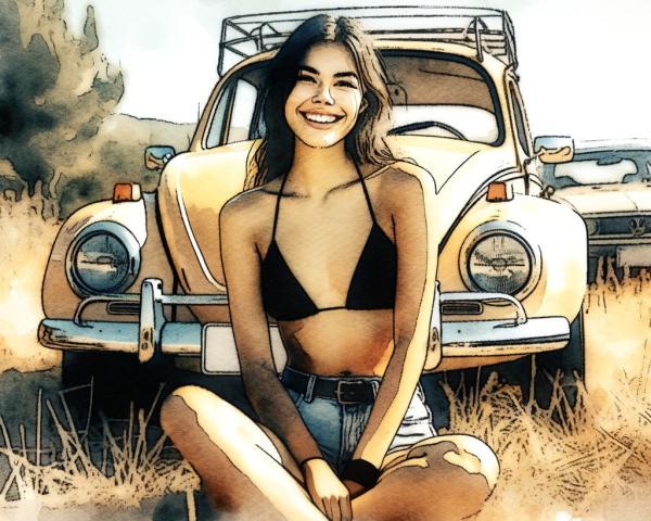 Young Woman in Bikini by Classic Yellow Beetle