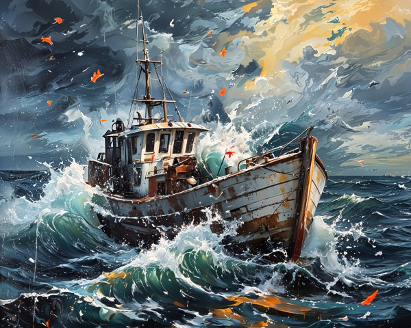 Fishing boat navigating stormy ocean waves at sunset