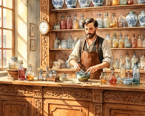 Bearded Man Mixing Ingredients in Vintage Apothecary