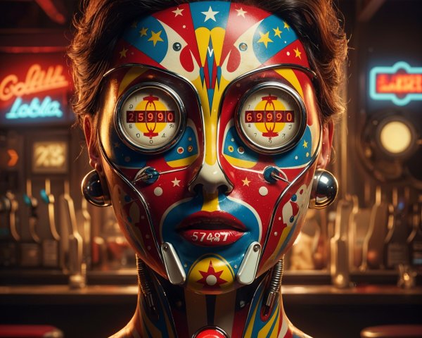 Futuristic robot figure with colorful carnival design