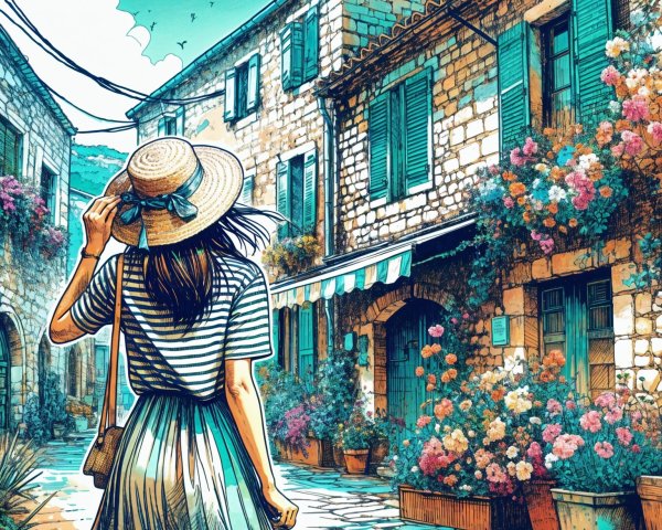 Woman in Striped Shirt on Sunlit Cobblestone Street