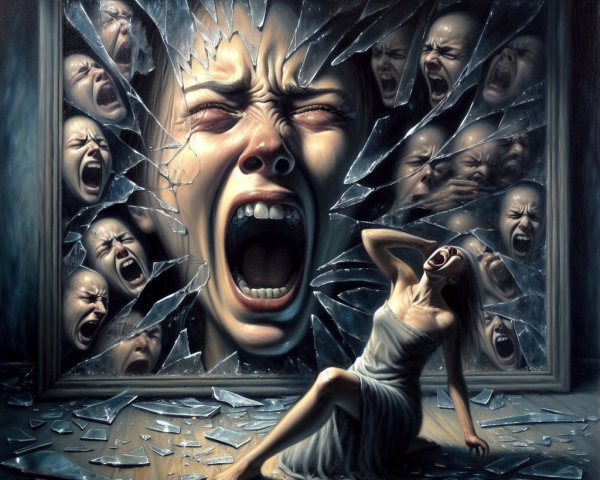 Woman Seated Among Shattered Glass and Ghostly Faces