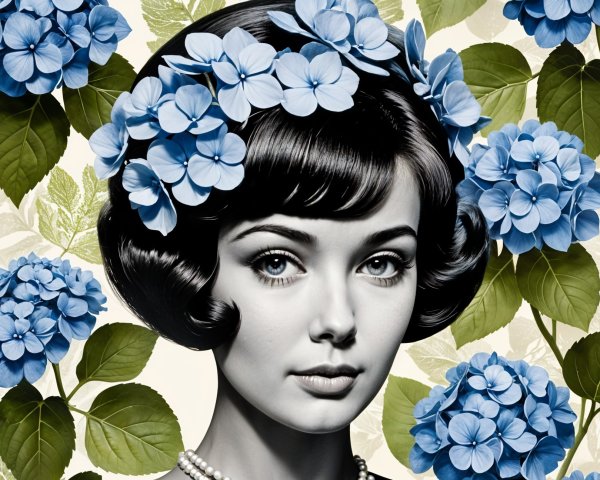 Vintage Portrait of Woman with Blue Hydrangeas