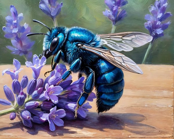 Blue Bee on Lavender Flowers in Serene Natural Setting
