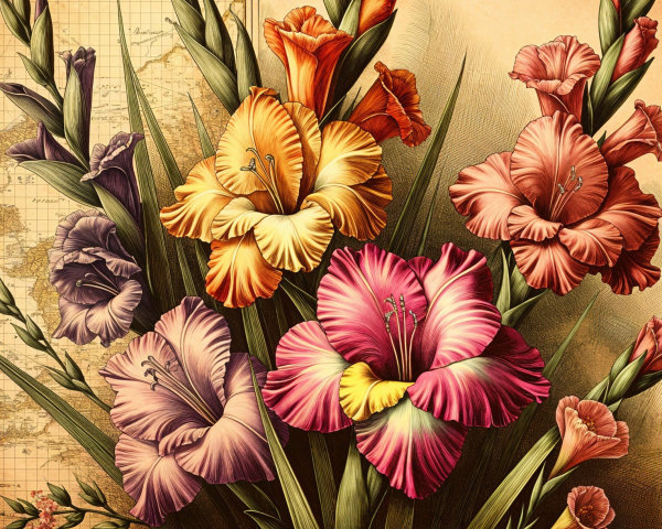 Vibrant Gladiolus Bouquet with Vintage Map Background